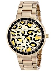 Anne Klein Womens AK/1694LEGB Black Swarovski Crystal Accented Leopard Print Dial Gold-Tone Bracelet Watch