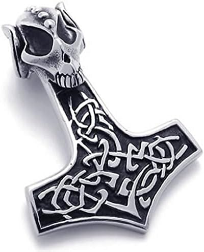 Mygoodie Jewelry Vintage Stainless Steel Skull Thors Hammer Pendant Mens Necklace, 18-26 inch Chain