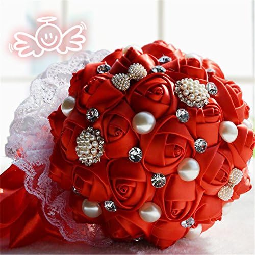 Rinzony Gorgeous Crystal and Pearl Lace Wedding Bouquets Bridal Bouquets (Red)