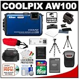 Nikon Coolpix AW100 Shock & Waterproof GPS Digital Camera (Blue) with 16GB Card + Handlebar & Helmet Mount + Battery + Case + Floating Strap + Tripod + Kit