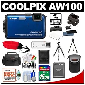 Nikon Coolpix AW100 Shock & Waterproof GPS Digital Camera (Blue) with 16GB Card + Handlebar & Helmet Mount + Battery + Case + Floating Strap + Tripod + Kit