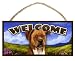 Pitbull (tan) Spring Season 10 x 5 Welcome Wooden Dog Sign / Plaque featuring the art of Scott Roger