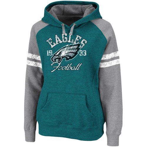 NFL Women's Philadelphia Eagles Long Sleeve Raglan Pullover Fleece Heather Hood (Marine Green/Gray, Medium)