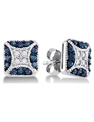 10K White Gold Channel Set Round White and Blue Diamond Square Shape Setting Stud Earrings with Push Back Closure - (1/2 cttw)