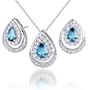 Classic Beauty 3.00 carats Pear Checkerboard Shape London Blue Topaz Pendant Earrings Set in Sterling Silver