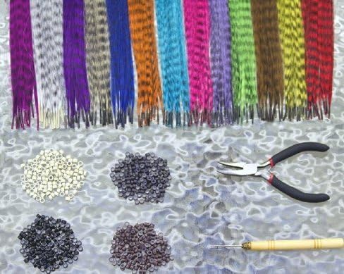 E821 hair Extension kit with 26 colorful Synthetic hairs,100 Beads, Hook and Pliers