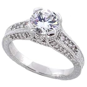 Sterling Silver Vintage Style Engagement Ring, w/ a 7mm (1.25 ct) Round CZ Stone, 5/16" (7mm) wide: Jewelry