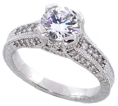 Sterling Silver Vintage Style Engagement Ring, w/ a 7mm (1.25 ct) Round CZ Stone, 5/16 (7mm) wide