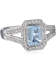 Sterling Silver Octagon Shape Aquamarine Round Created White Sapphire Ring, Size 7