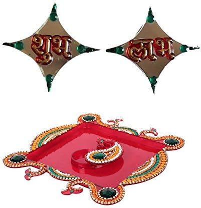 Suman Creations Acrylic Pooja Thali With Shubh Labh And Chopda Showpiece 20.32X20.32X2.54 Cm Red