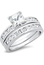 Sterling Silver Cubic Zirconia 2.8 Carat tw Princess Cut CZ Wedding Engagement Ring Set