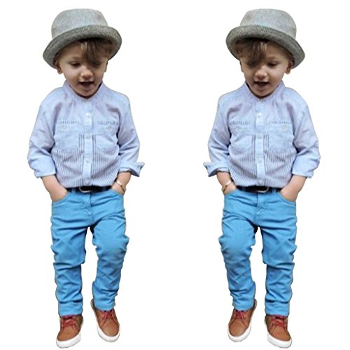 Rorychen Little Boys' 2 Pieces Stripe Long Sleeve Shirt and Trousers Set Outfit