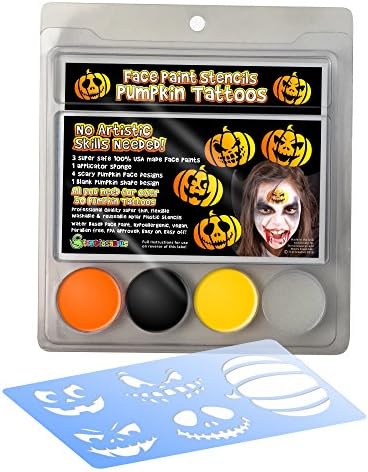 Face Paint Stencil Kit HALLOWEEN PUMPKIN Painting for Kids NO ARTISTIC SKILLS NEEDED! Pocket Pack: 3 Safe Hypoallergenic Super Concentrated Colors, Stencils, Sponge &amp; Guide for 50+ tattoos. 100% USA
