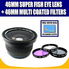 Zeikos 46mm 0.40X Fisheye Lens and Zeikos 46mm Multi-Coated 3 Piece Filter Kit (UV-CPL-FLD) with Exclusive FREE Complimentary Super Deal Micro Fiber Lens Cleaning Cloth
