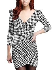 V-neck Long Sleeves Polyester Wrap Houndstooth Print Mini Dress 