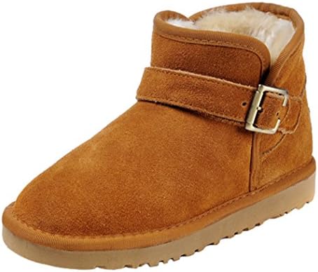 MILANAO Women Winter Buckle Unisex Cowhide Ankle Snow Boots (7 B(M)US,chestnut)