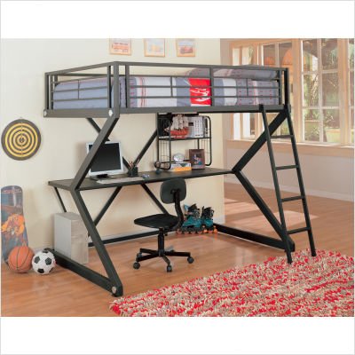 Contemporary Black Finish Metal Full Size Loft Bed & Workstation
