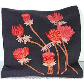 Gray Cushion Cover from Kashmir with Ari Embroidered Flowers - Pure Cotton