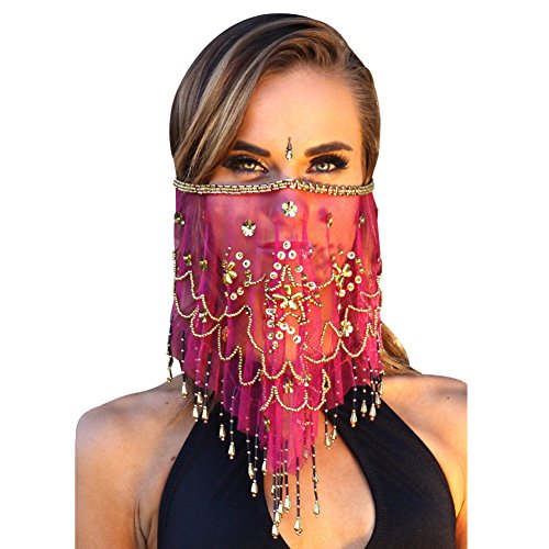 Hot Pink Women s Charming Belly Dance Sequins Tribal Face Veil With Beads