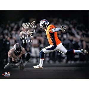 Matt Prater Denver Broncos Autographed 11'' x 14'' Black Photograph with NFL Record 64-Yard FG 12/8/13 Inscription-Limited Edition of 32 - Memories - Mounted Memories Certified