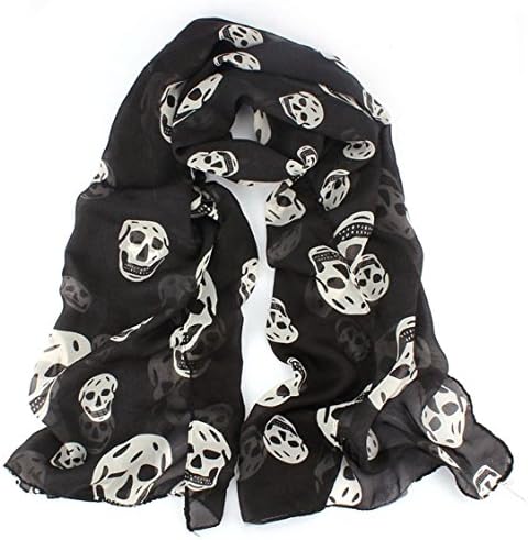 Sankuwen 1pc Womens Chiffon Scarf, Skull Head Soft Long Shawl Scarf (Black)