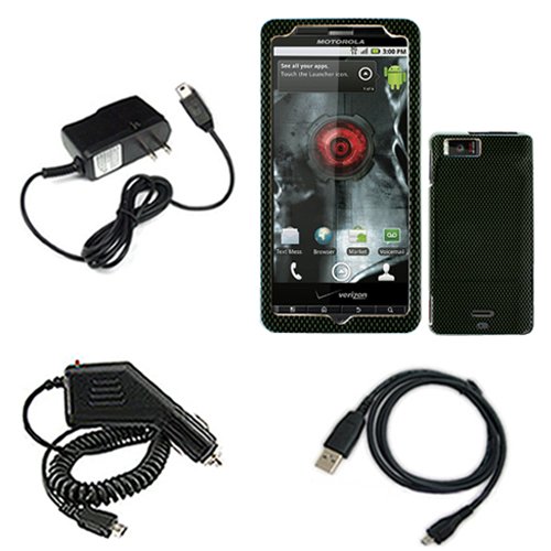 Motorola Droid X MB810 Combo Carbon Fiber Protective Case Faceplate Cover + Rapid Car Charger + Home Wall Charger + USB Data Charge Sync Cable for Motorola Droid X MB810