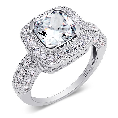 Celebrity Style Cushion Cut White Cubic Zirconia Size 9 Ring in Sterling Silver