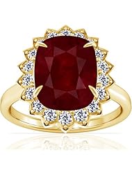 18K Yellow Gold Cushion Cut Ruby Ring With Sidestones