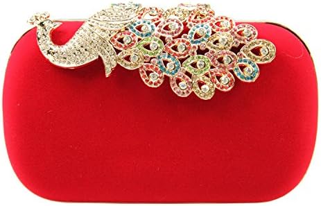 Blueblue Sky Elegant Rhinestone Peacock Clasp Velvet Cocktail Evening Handbag,bridal Bag#03316 (Red)