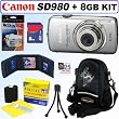 Canon PowerShot SD980IS 12MP Digital Camera (Silver) + 8GB Accessory Kit