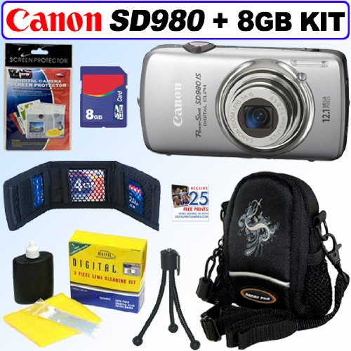 Canon PowerShot SD980IS 12MP Digital Camera Silver + 8GB Accessory Kit