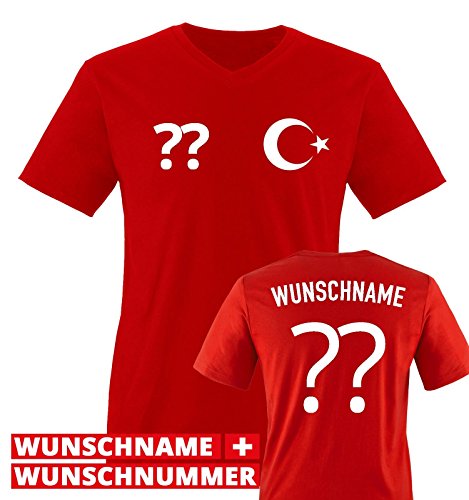 EM 2016 – TRIKOT – WUNSCHDRUCK – Herren V-Neck T-Shirt – Rot / Weiss Gr. XL