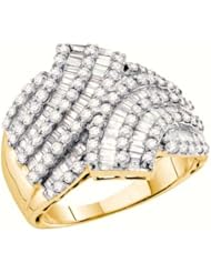1.75 cttw 14k Yellow Gold Diamond Round and Baguette Ladies Cocktail Right Hand Band Crossover Ring (Real Diamonds: 1.75 cttw, Ring Sizes 4-10)