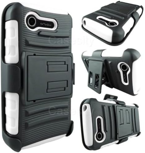 FOR LG OPTIMUS FUEL L34C WHITE RUGGED HEAVY DUTY HYBRID PHONE CASE W/ HOLSTER [In Casesity Retail Packaging]