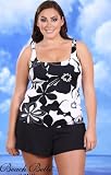 Beach Belle Black White Floral Plus Size Two Piece Shortini Swimsuit - Women's Swimwear Plus Size Swimsuit