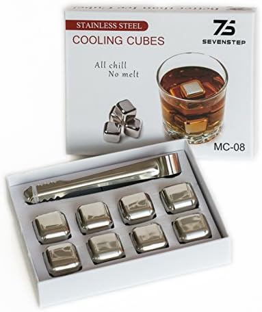 Whiskey Stones Cooling Metal Ice Cubes W/Tongs by SEVENSTEP 8 Stainless Steel Reusable Sipping Stone Set The Ideal Soda/Juice/Wine/Beverage Chilling Rocks/Cube Premium Quality Barware Drinking Gifts