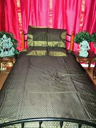 3p Set Indian Bedding Silk Sari Bedspreads Black Twin Size Coverlet