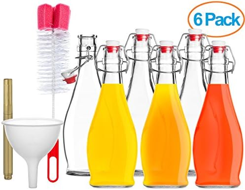 Dinercap 16.9 oz 6 Pack Clear Glass Swing Bottle Bundle With Stopper | Funnel | Bottle Brush and Glass Marker