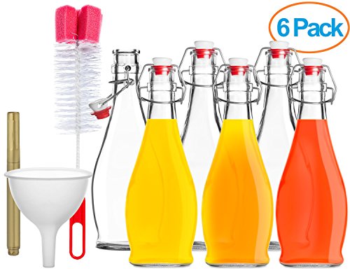 Dinercap 16.9 oz 6 Pack Clear Glass Swing Bottle Bundle With Stopper | Funnel | Bottle Brush and Glass Marker