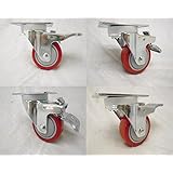 3" X 1-1/4" Swivel Casters Red Polyurethane Wheel Total Lock Brake 300lb Each (4)