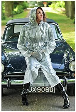 PVC Vinyl Full Length Hooded Raincoat, Unisex, Men or Womens, Waterproof Trench Coat (Large, Silver Semi-Transparent)