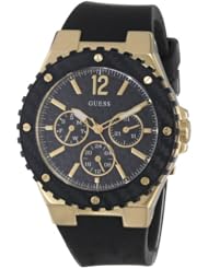 GUESS Womens U0149L4 Carbon-Fiber Inspired Black & Gold-Tone Sport Watch