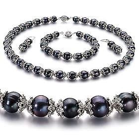 PearlsOnly MarieAnt Black 8-9mm AA Freshwater Pearl Set by 