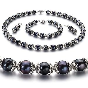 PearlsOnly MarieAnt Black 8-9mm AA Freshwater Pearl Set