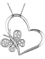 10K White Gold .06 ctw Accent Diamond Heart and Butterfly Pendant