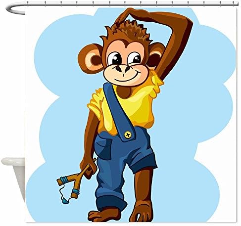 Hansome Cartoon monkey holding a slingshot play blue and white Custom Waterproof Polyester Fabric Bathroom Shower Curtain Standard Size 48 x 72 inch