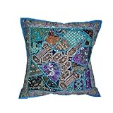 Dodger Blue Ethnic Indian Sari Beaded Decorative Floor Pillow Cover 24 Inches FREE SHIPP