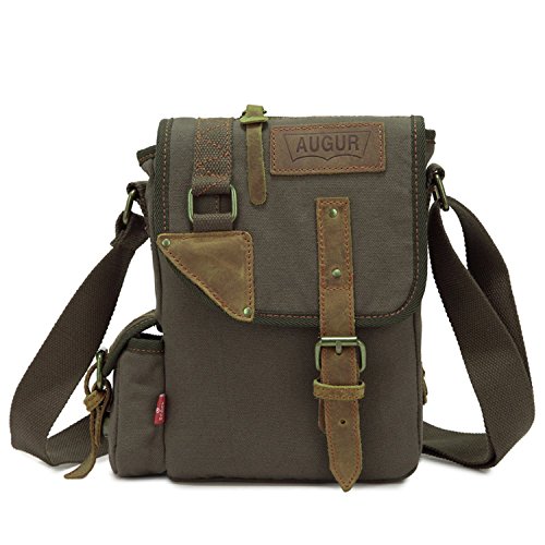WFY-MALL Men's Small Canvas Genuine Leather Cross Body Messenger Bag (Army Green)