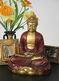 Buddha in Meditation on Lotus Sculpture, 11.5In.H, Gold and Red