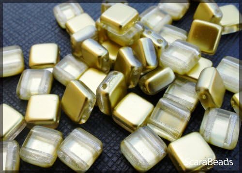 40pcs Czech Glass Two-Hole Tile Beads ESTRELA 6x6x3.2mm Gold